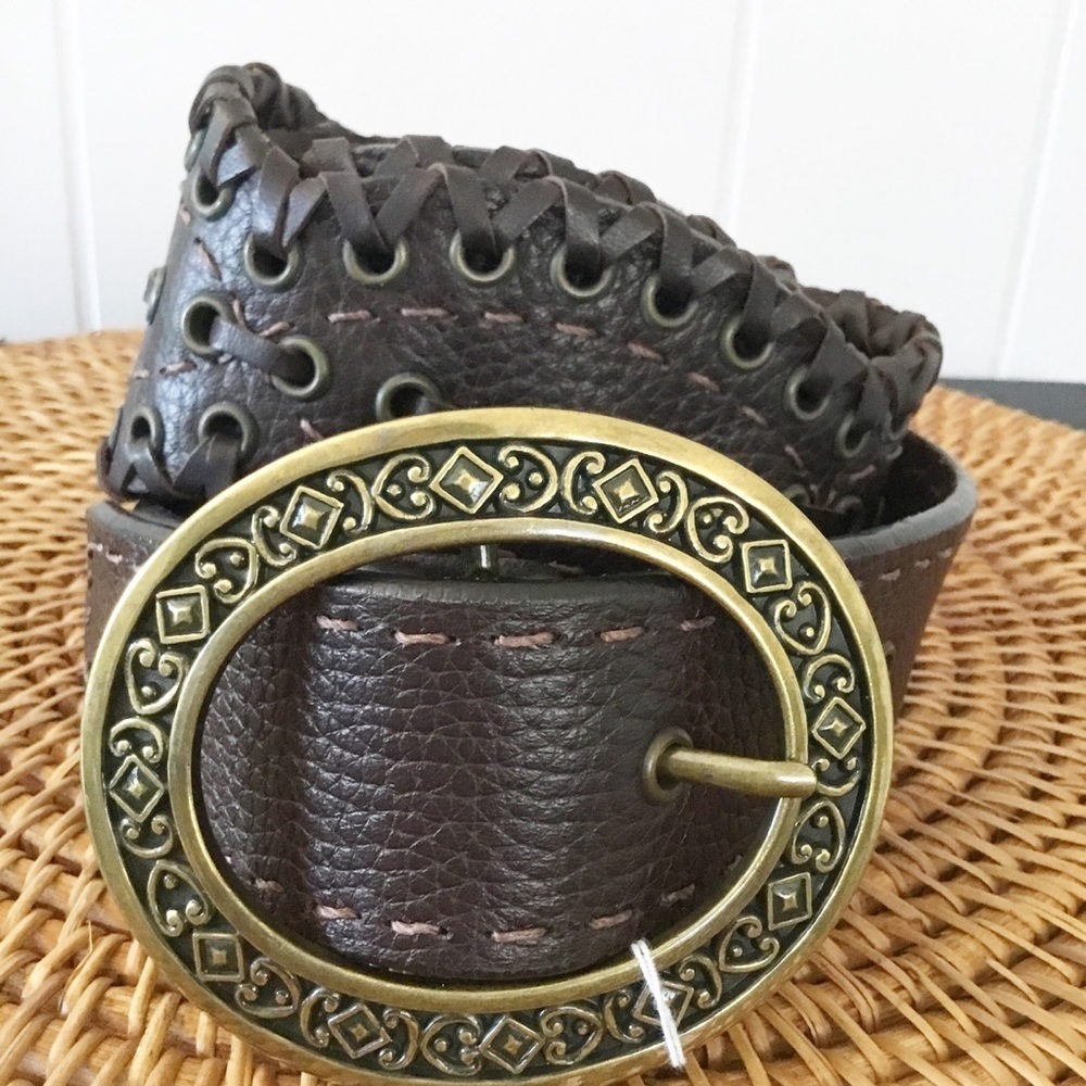 Vintage Brighton Brown Leather New Belt With Bronze Hardware Size 34